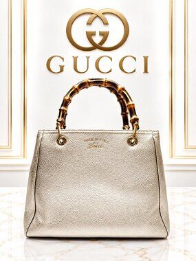 Authentic Gucci Bamboo Shopper Metallic Silver Leather Top Handle Tote Bag